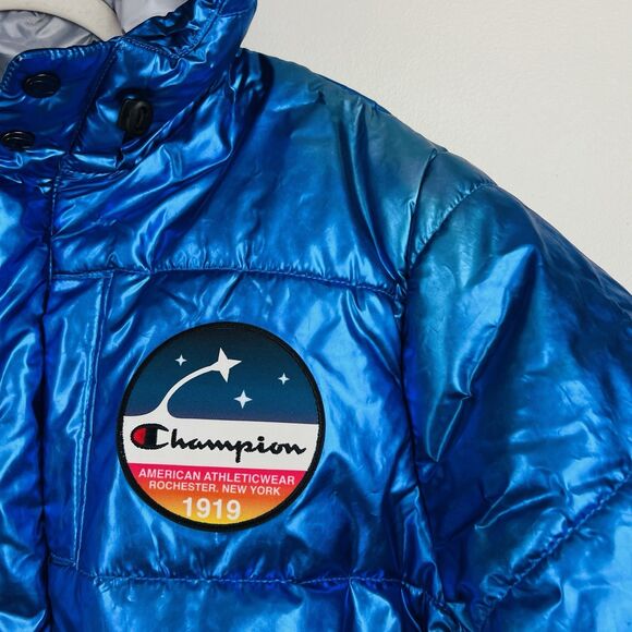 NWT Amazing CHAMPION x NASA Metallic Blue Puffer Space Jacket Puffer Coat Large - Picture 8 of 15